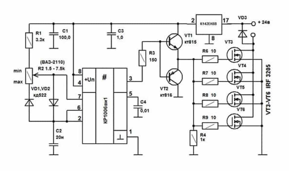 Схема регулятора основанного на широтно-импульсной модуляции или просто ШИМ, может быть использована для изменения оборотов двигателя постоянного тока на