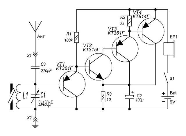 Шесть схем экспериментальных приемников на одном транзисторе (св, укв)